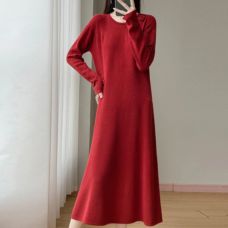 

Autumn And Winter Round Neck Pure Wool Knit Dress Women's Long Over-The-Knee Embroidered Sweater Loose Bottoming Skirt