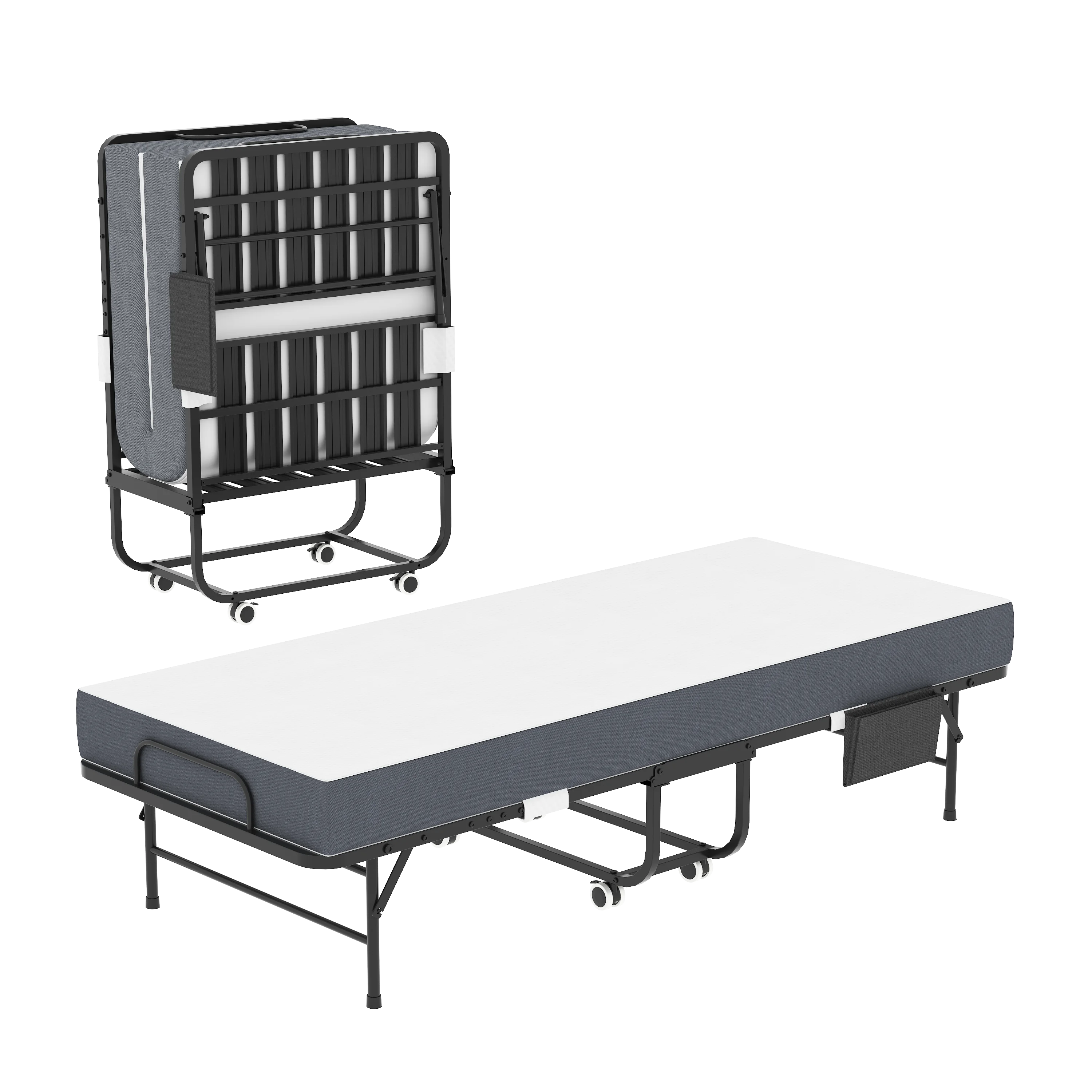 Lit pliant double avec matelas en mousse à mémoire de forme en gel de 9,5 cm, lit d'appoint portable sur roulettes, cadre métallique robuste sur roulettes verrouillables, lit pliant peu encombrant avec sac de rangement pour adultes