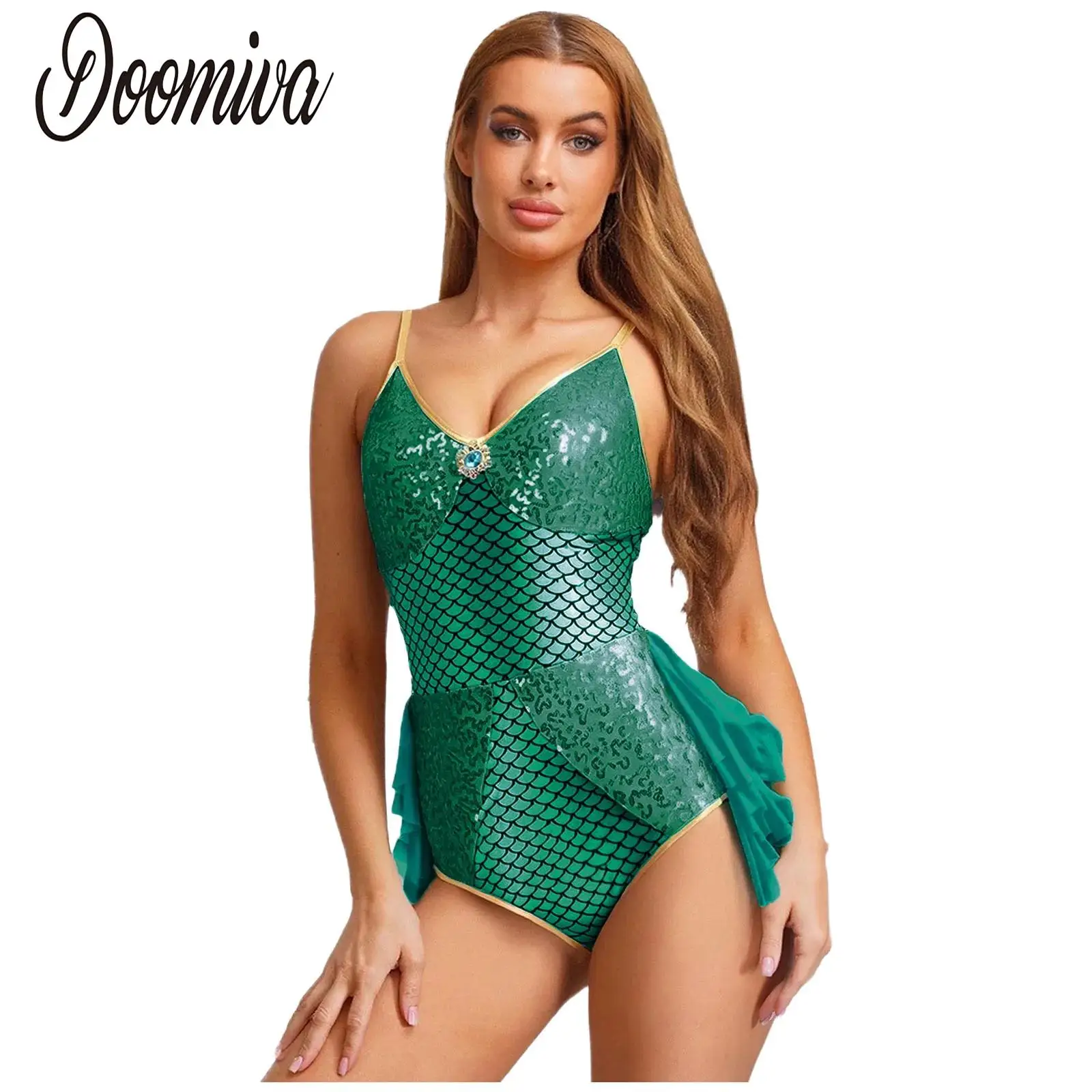 

Women Mermaid Costume Halloween Raves Party Sequins Metallic Fish Scale Print Sleeveless Leotards Patchwork Ruffle Mesh Jumpsuit