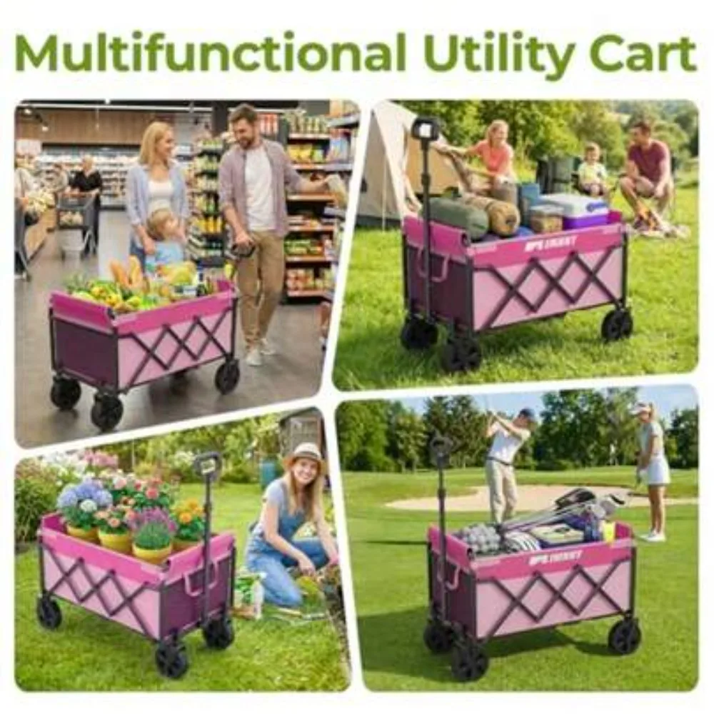 Collapsible Folding Wagon Cart with 360° Rotating Wheels, Heavy Duty Portable Utility Cart Holds 220lbs, Compact Design for Easy Storage, Adjustable Handle, Durable Steel Frame Oxford Fabric, for Grocery Shopping, Camping, Gardening, Beach, Outdoor