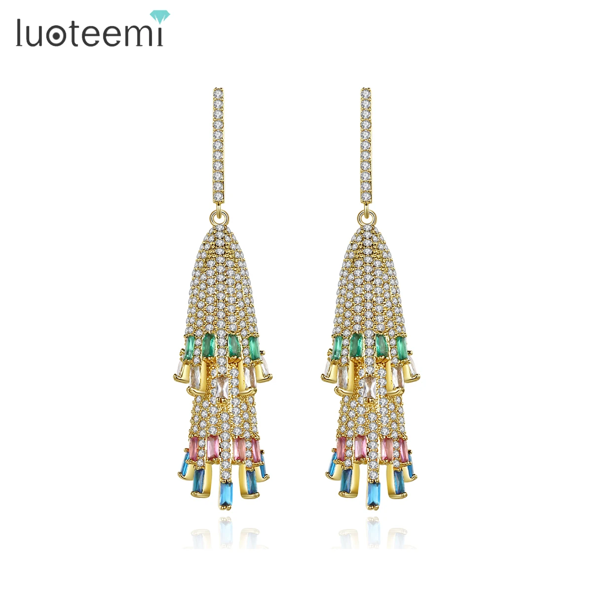 LUOTEEMI Luxury Indian Jhumka Earrings Jewelry for Women Ethnic 2 Layers Long Tassel Pakistan Style Wedding Bridal Accessories