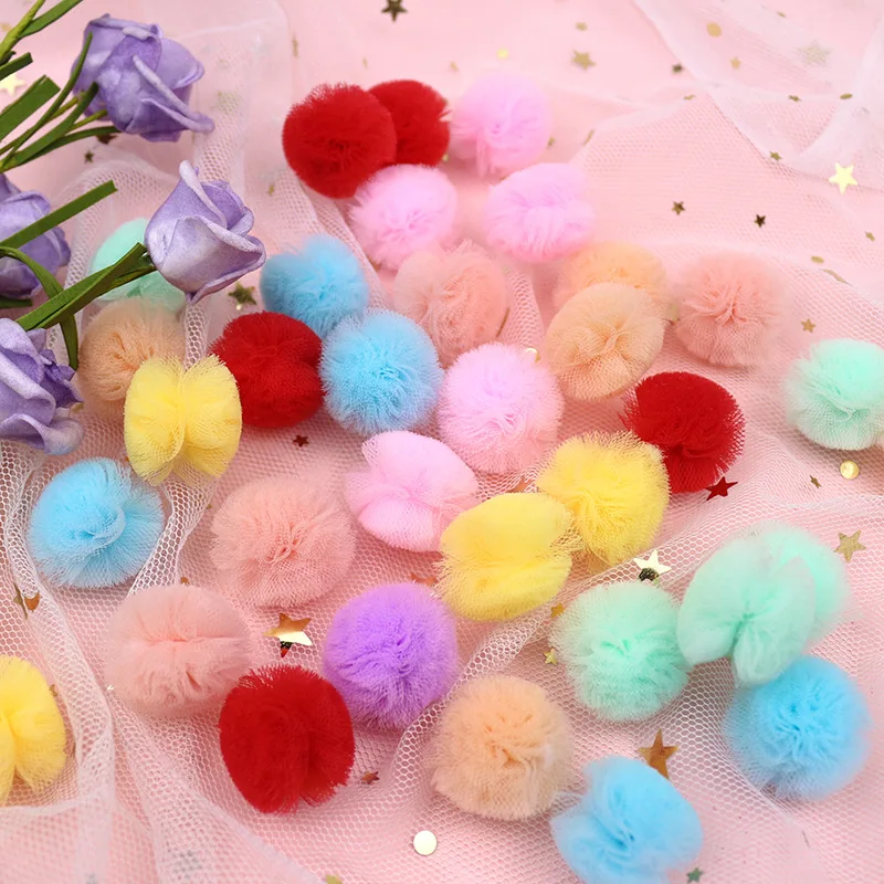 25mm Korea Lace Ball DIY Gauze Elastic Flower Pompoms Craft Plush Mesh Tulle Pendant for Hairpins Jewelry Making Accessories