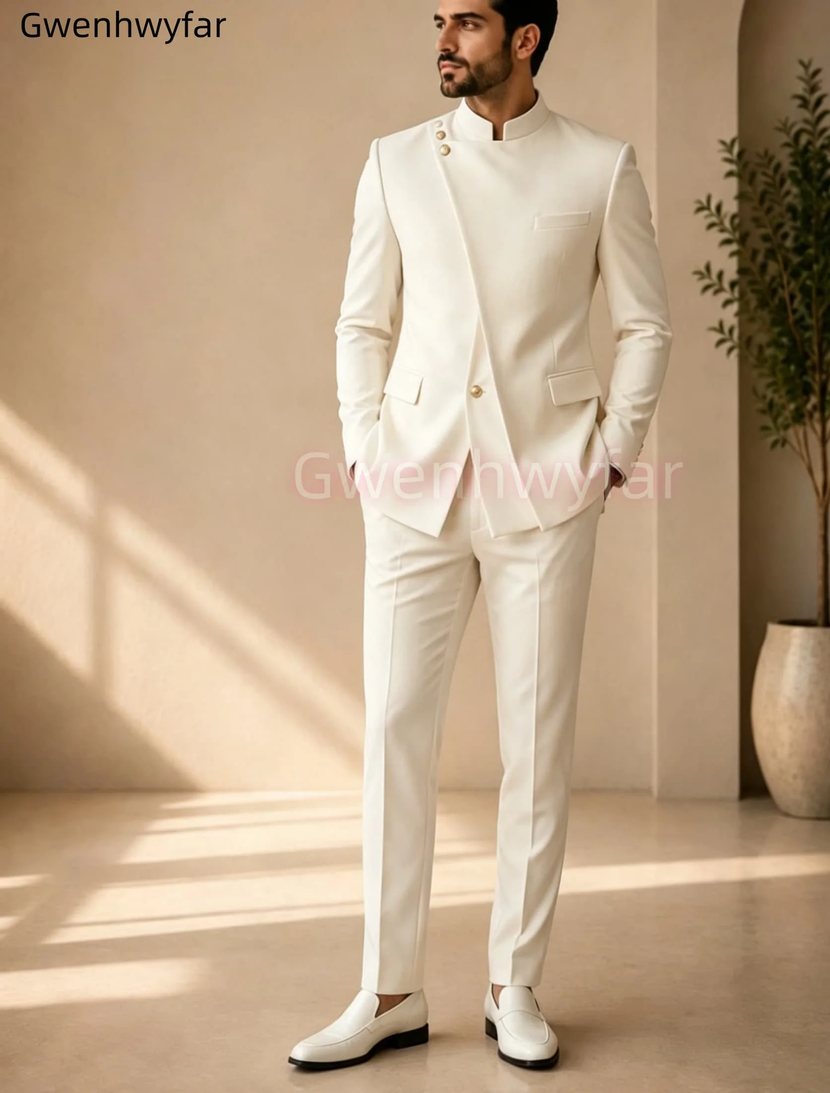 Gwenhwyar Neuankömmling Hellgraue Freizeitjacke mit Hose, formeller Business-Büroanzug für Herren, Bräutigam, Hochzeit, Party, Blazer, Hose – Detail 22