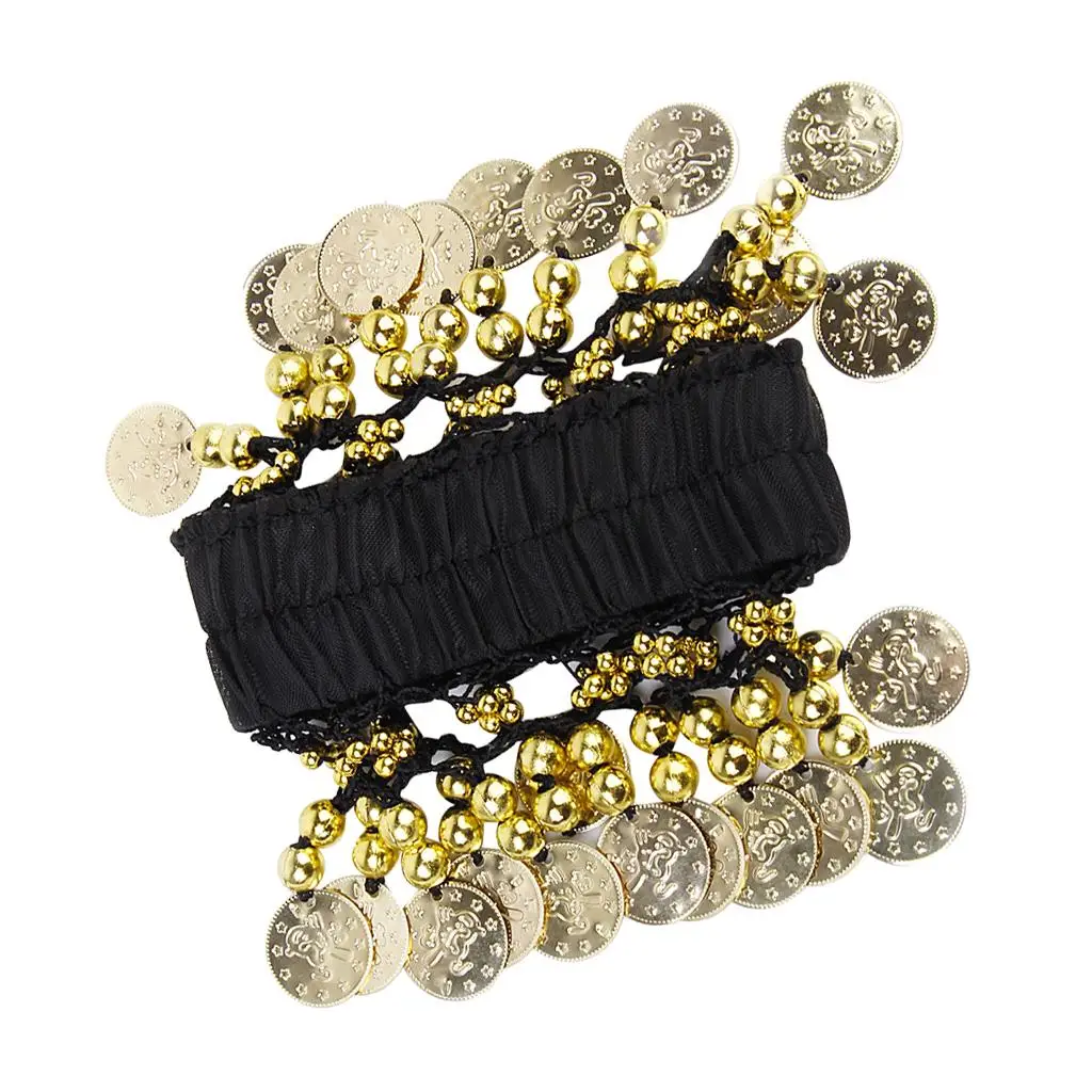 Golden Coins Ankle Cuff Band Black Belly Dance Bracelet Women Elastic Arm Jewelry Accessory for Dance Outfit