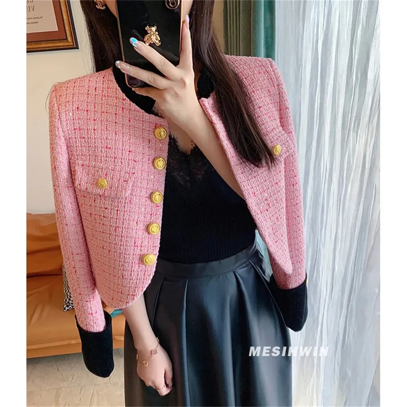 

Vintage Wool Coat Women's 2024 Autumn/Winter New French Short Coat Female Thickened Tweed Single breasted Top Woolen Jacket Pink