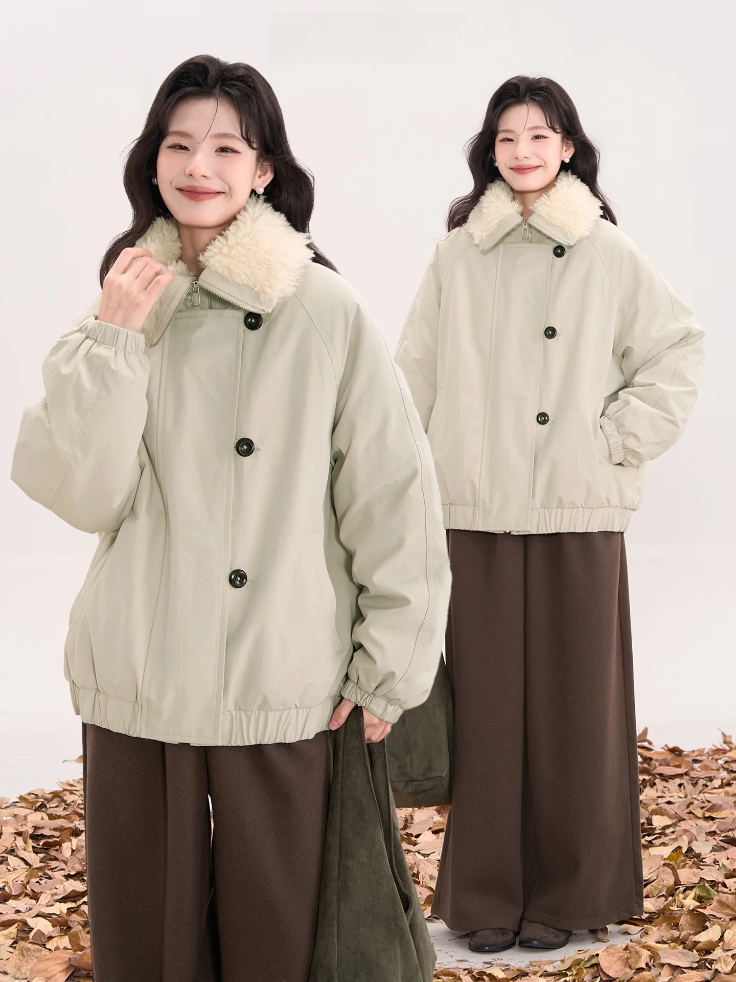 

Floral Field Window Women's Zipper Fleece Lined Jacket Large Collar Cotton Coat Thickened Winter Top Simple Commute Style