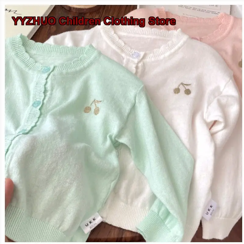 Summer Thin Baby Girls Cherry Embroidered Open-Button Knit Cardigan Air-Conditioning Sun-Protection Top Kids