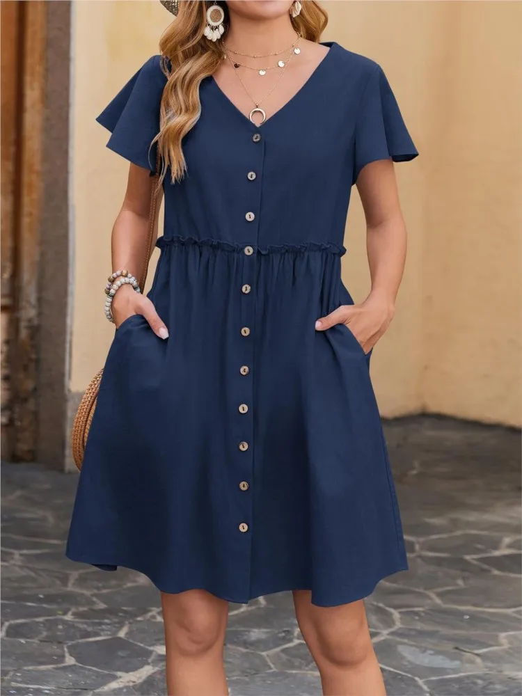 

Women Elegant Dress Fashion V Neck Ruffles Short Sleeve Loose Dress Robe Femme Casual Office Skirt Womens Clothing Summer New