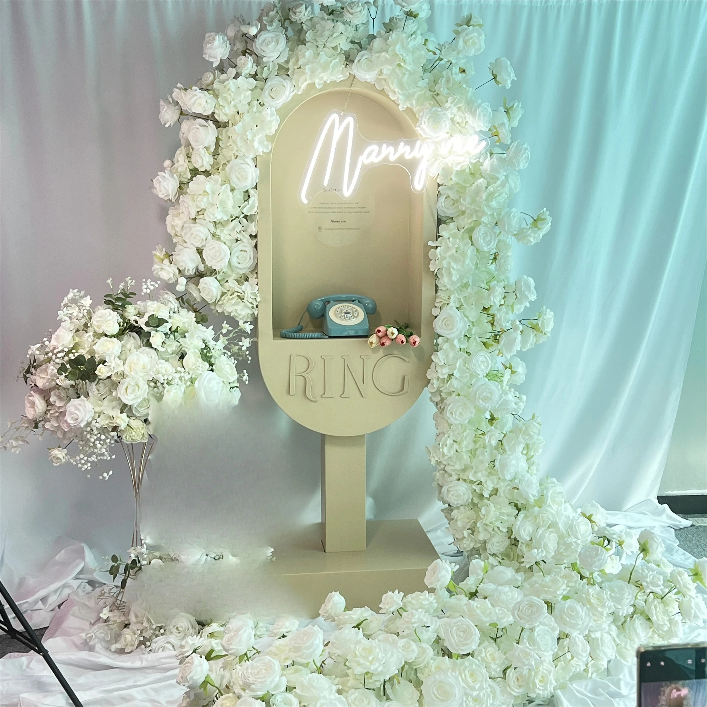 Wooden Phone Booth Customizable Beige Cabin Recording Ring Cassette With Flowers Wedding Audio Guestbook Holder