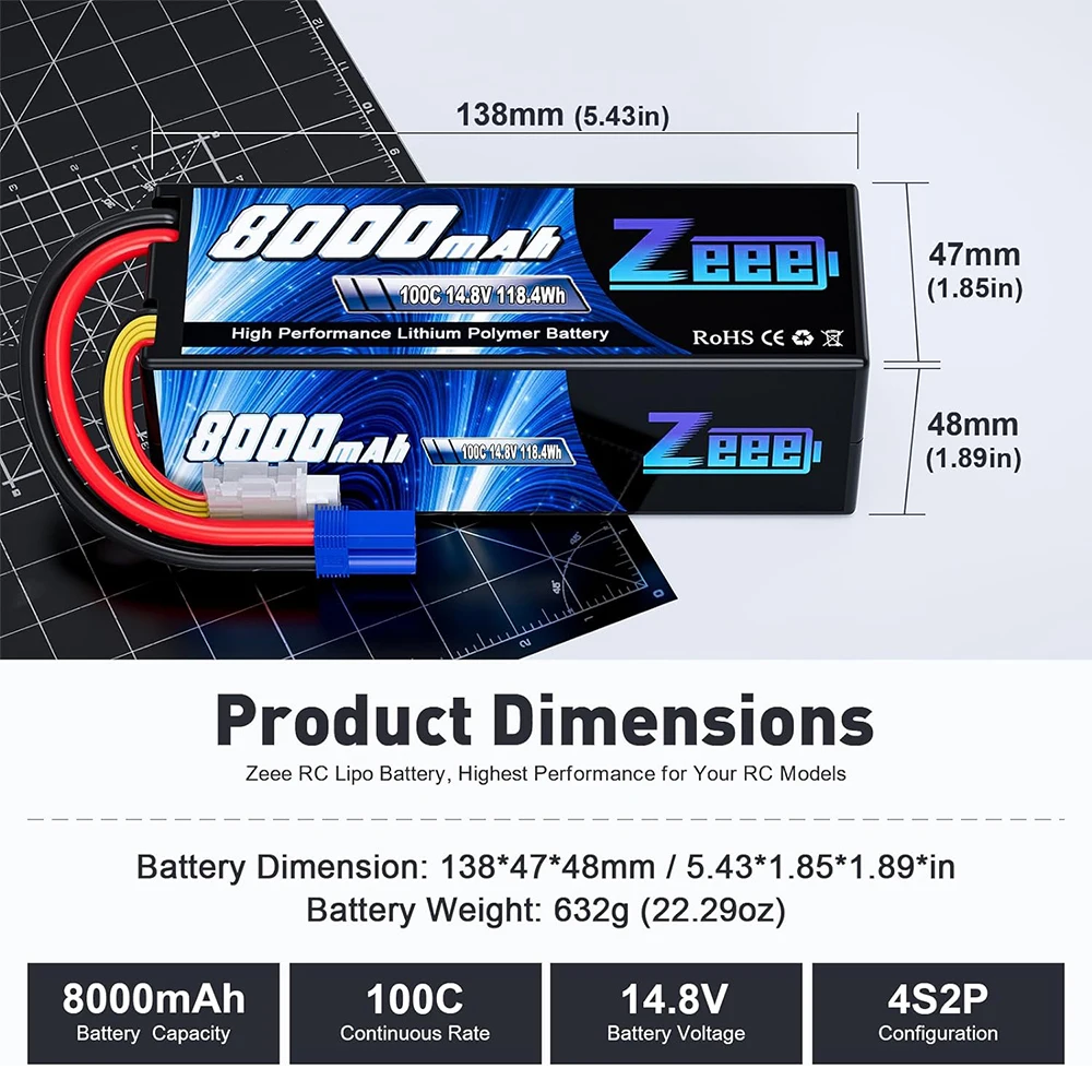 1/2Units Zeee 4S 8000mAh Lipo Battery 14.8V 100C with EC5 Plug Hardcase for RC Car Truck Truggy Racing Hobby RC Parts Models