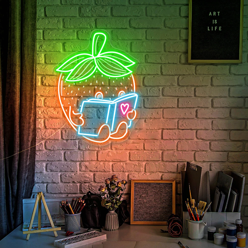 Strawberry Reading Book Led Light Sign Custom Bedroom Kid's Room Wall Decor Neon Sign Home Party Decoration Neon Light Lamp