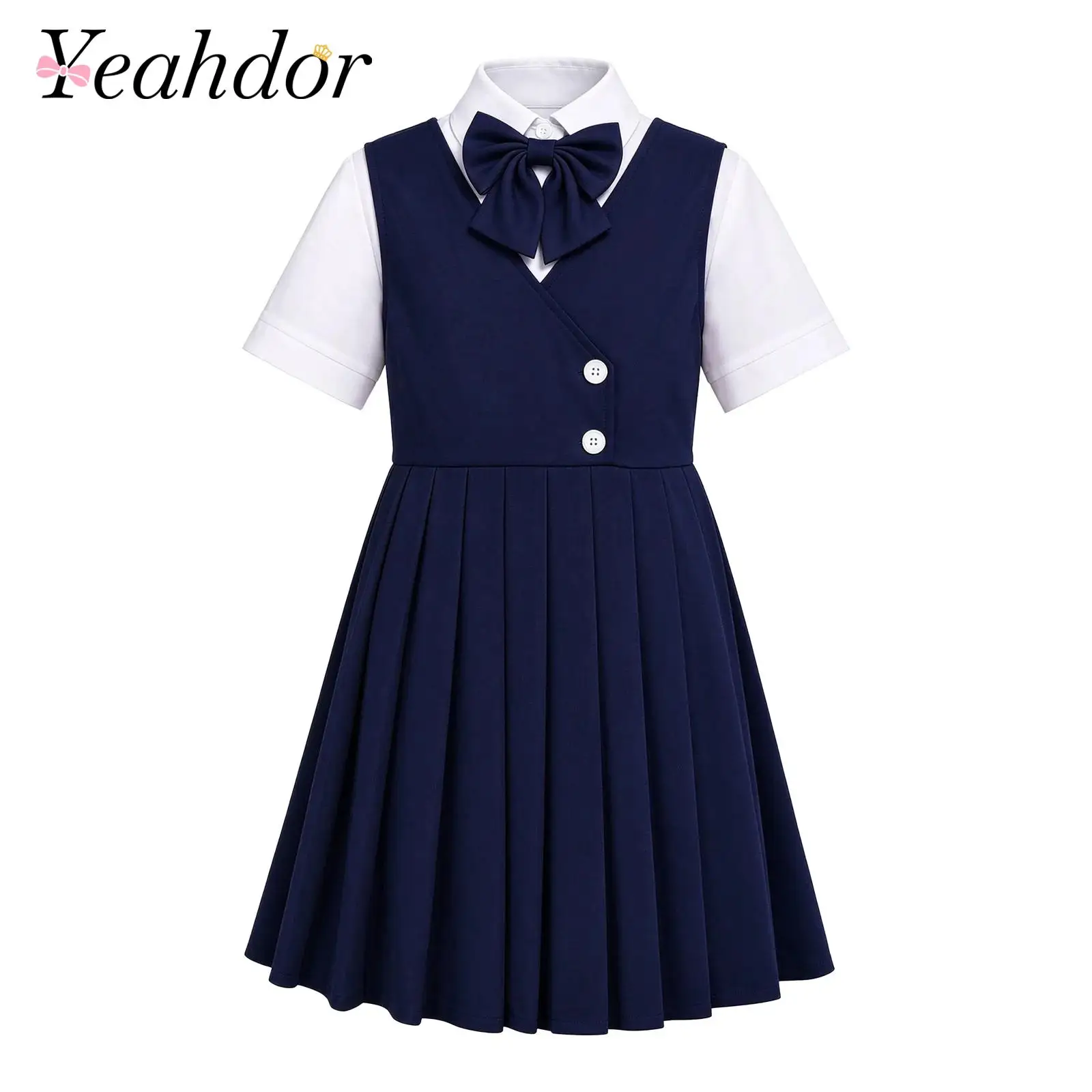 Girls Bowtie Turn-down Collar Short Sleeve Shirt with Sleeveless V-neck Pleated Jumper Dress for School Uniform 2 Pcs Kids