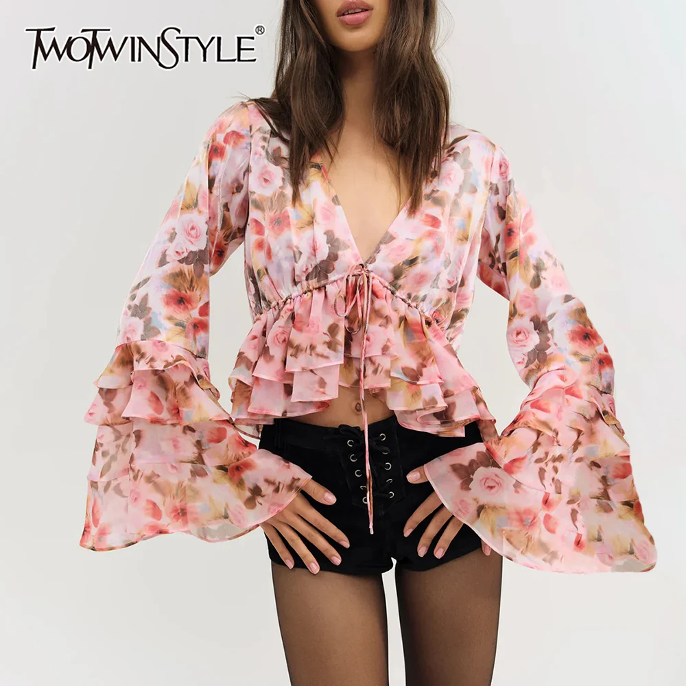

TWOTWINSTYLE Printed Patchwork Lace Up Short Blouse for Women V Neck Flare Sleeves Loose Spliced Ruffes Sexy Blouses Female New