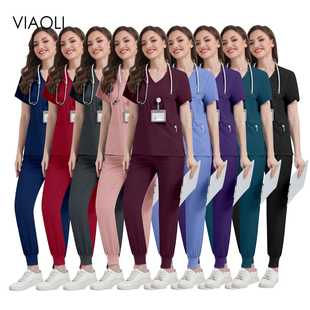 ชุดสครับพยาบาล ชุดยูนิฟอร์มแพทย์ ชุดผ่าตัด ชุดทำงานร้านเสริมสวย เสื้อคอวีแขนสั้น+กางเกง ชุดเซ็ตสำหรับผู้หญิงและผู้ชาย