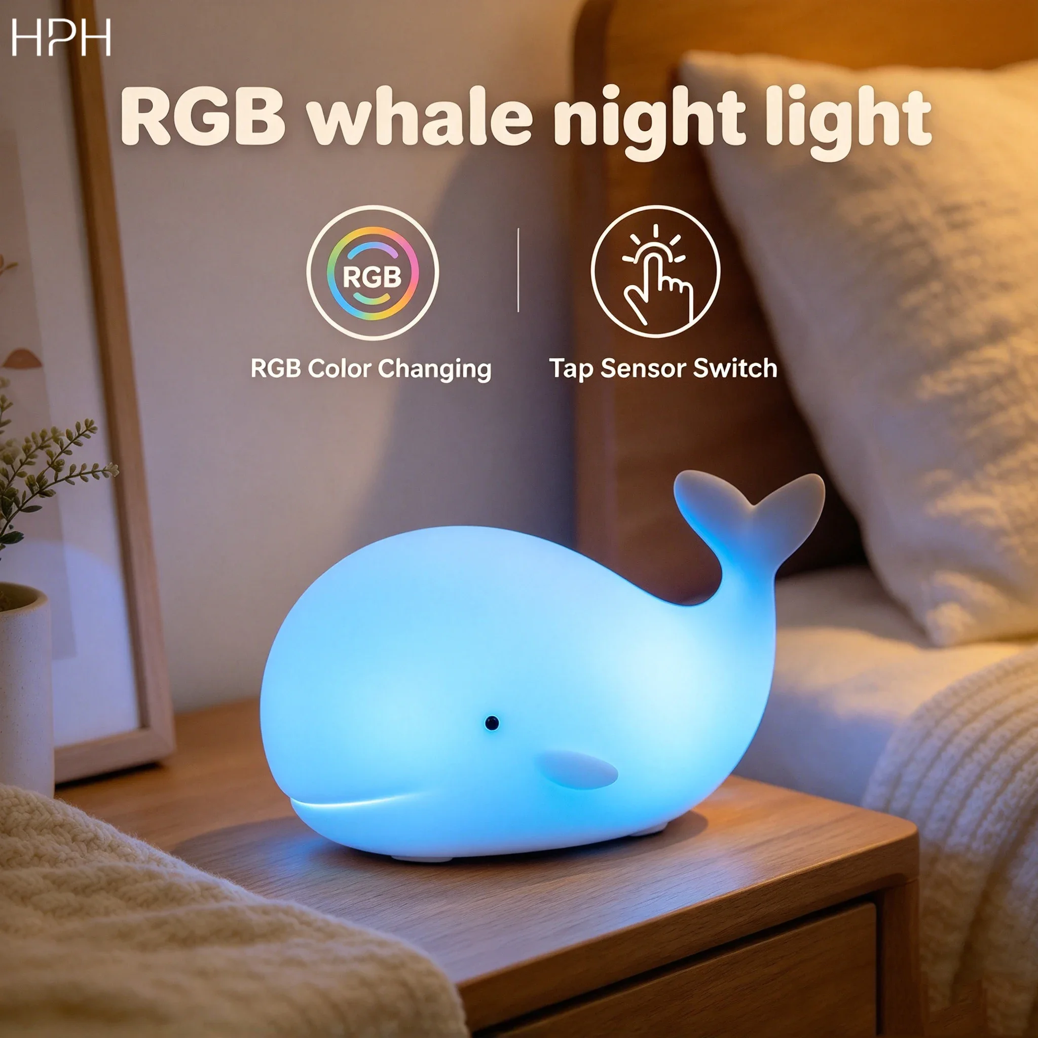 HPH LED-Nachtlicht, niedliche Wal-Cartoon-Silikon-Tischlampe, Kinder-Touchsensor, RGB-Ambientelicht für Schlafzimmer, Weihnachtsgeschenk