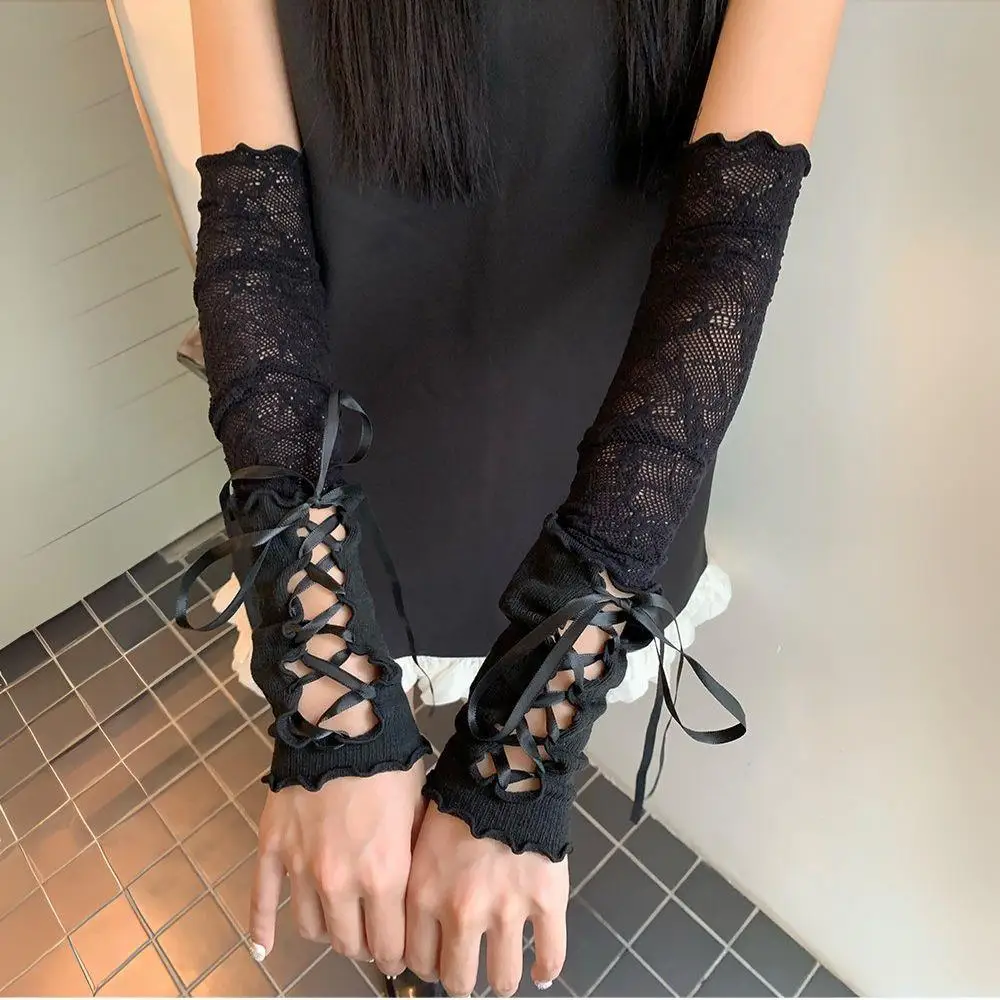 HOT Women Lolita Gloves Jk Lace Fingerless Gloves Elastic Arm Warmers Y2K Girl Sunscreen Sleeve DIY Strapping Sleeve Punk Gloves