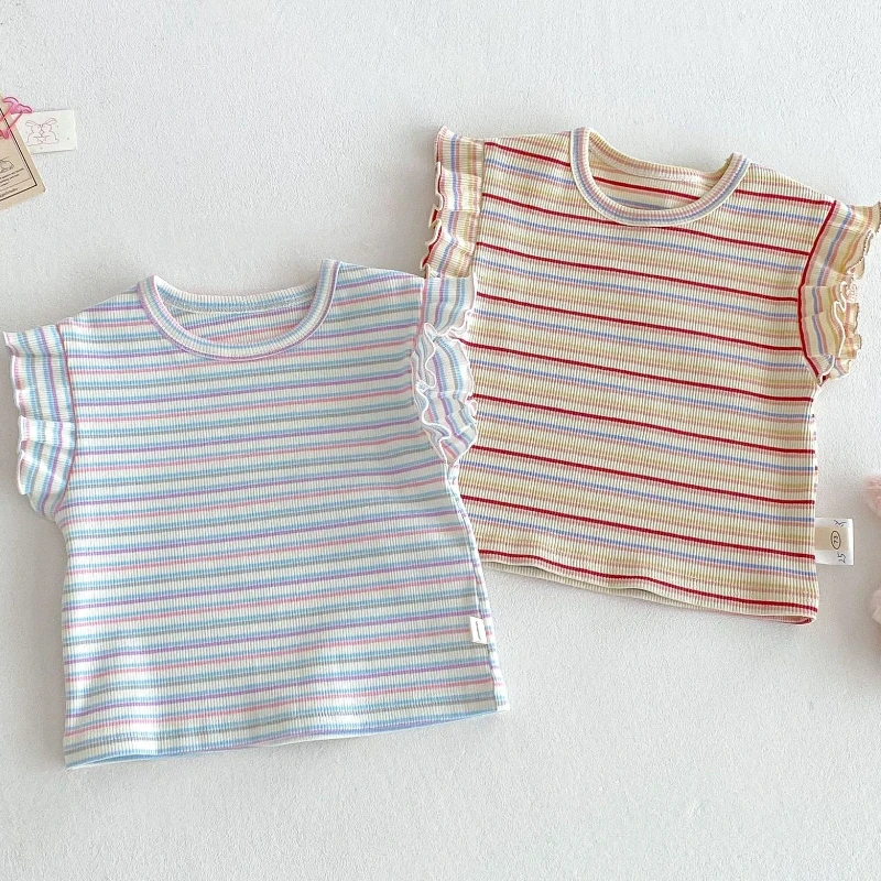 Baby Girls T-shirt Summer New Children's Thin Cotton Sweet Knitted Tops Korean Striped Round Neck Base Shirts