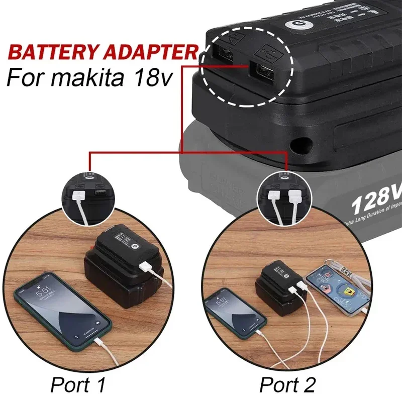 Dual USB-uitgangspoorten Batterijadapter voor Makita/DeWalt 18V 20V Li-ion batterij met LED-werklamp Power Bank Telefoonoplader