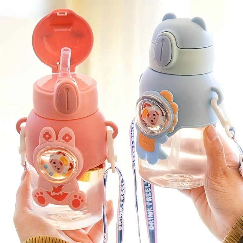 600ml/20.3oz Portable Cute Cartoon Water Bottle Flip Top Straw Water Cup With Strap For Outdoor Sports Fitness Tourism Kids Gift