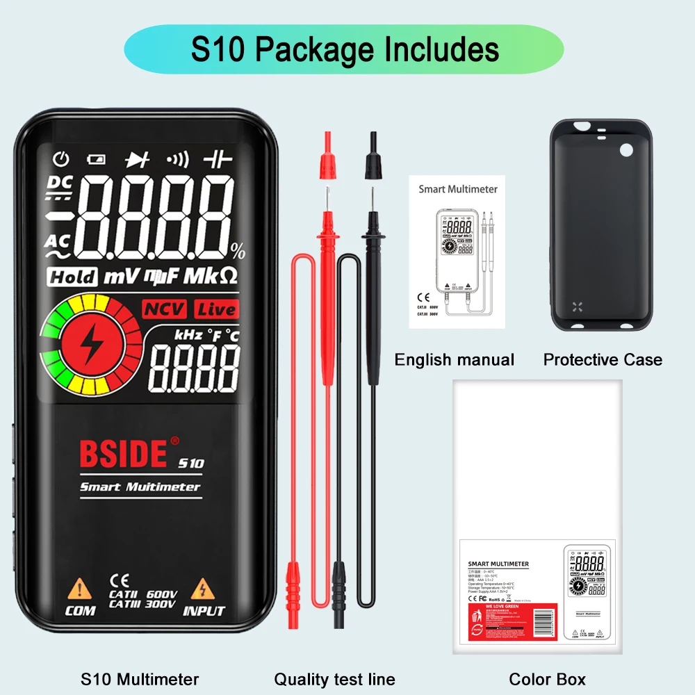 BSIDE Handmultimeter, wiederaufladbar, 9999 Anzeigen, großes LCD-Display, automatische Bereichswahl, elektrisches Messwerkzeug für Zuhause, Werkstatt, Labor