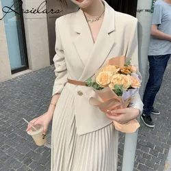 Elegant Suit Jacket Slim Pleated Suit Skirt Dresses Vintage Black Long Dress with Waistband White Office Lady Blazer Streetwear