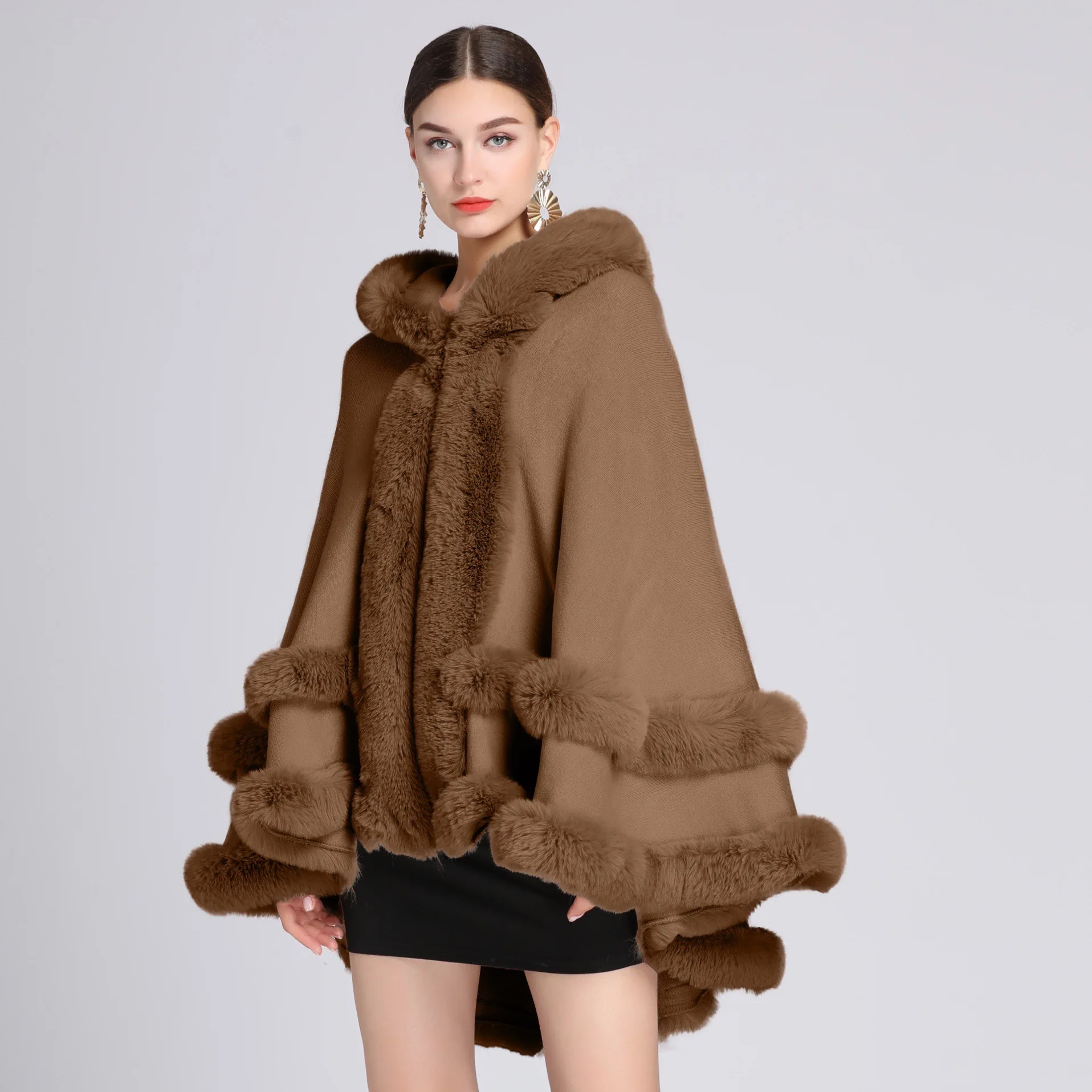 Autumn and Winter New Imitation Otter Rabbit Fur Collar Hooded Shawl Cape Plus Size Knitted Jacket Cardigan for Women