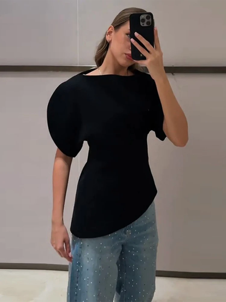    Modische Kurzarm-Puffärmelbluse für Damen, Schwarz, O-Ausschnitt, Tailliert, Asymmetrischer Saum, Reißverschluss, Sommer 2026, Lässiges Party-Oberteil