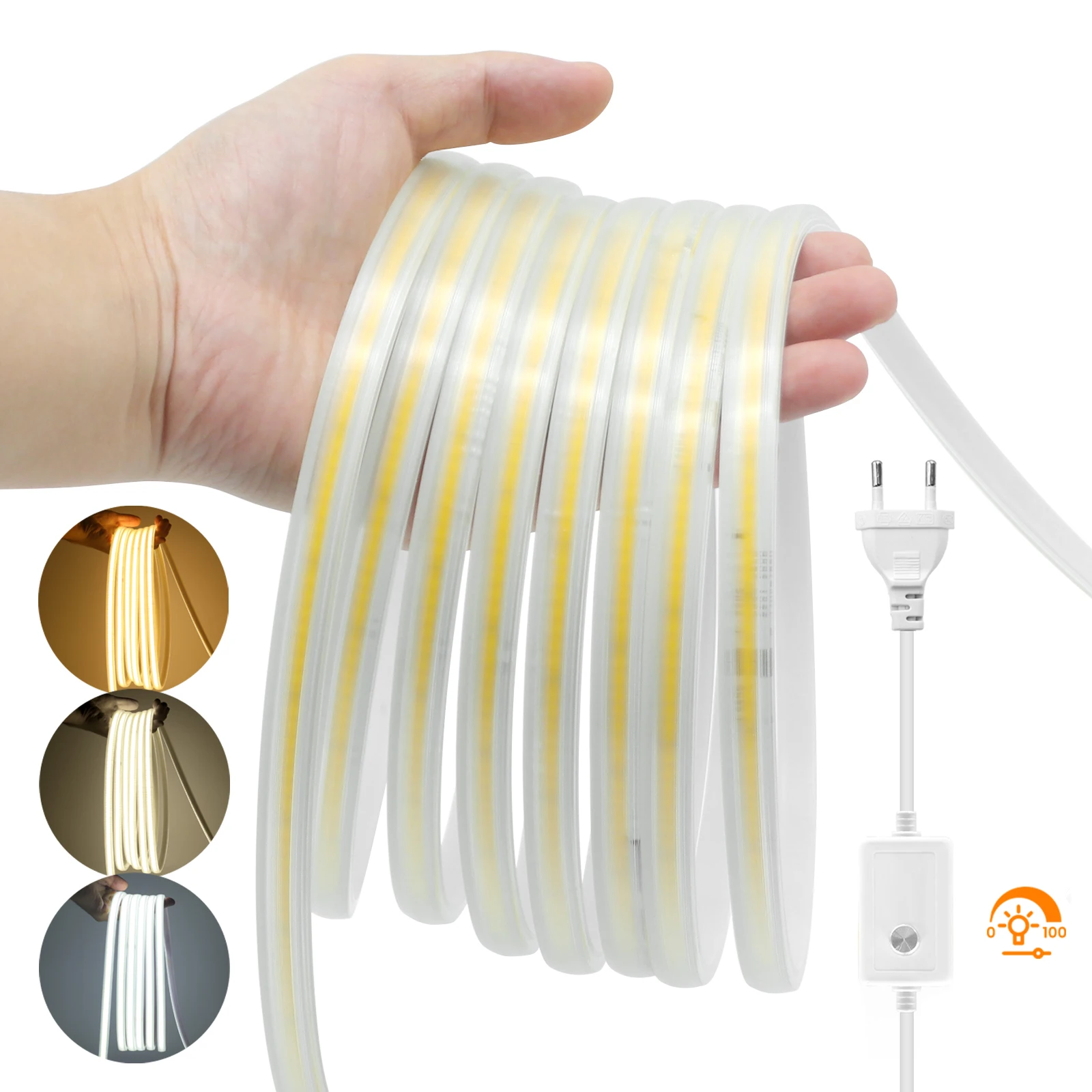 

220V Dimmable COB LED Strip Light EU Plug 288LEDs/m IP65 Waterproof Flexible and Cuttable LED Tape for Outdoor Home Lighting