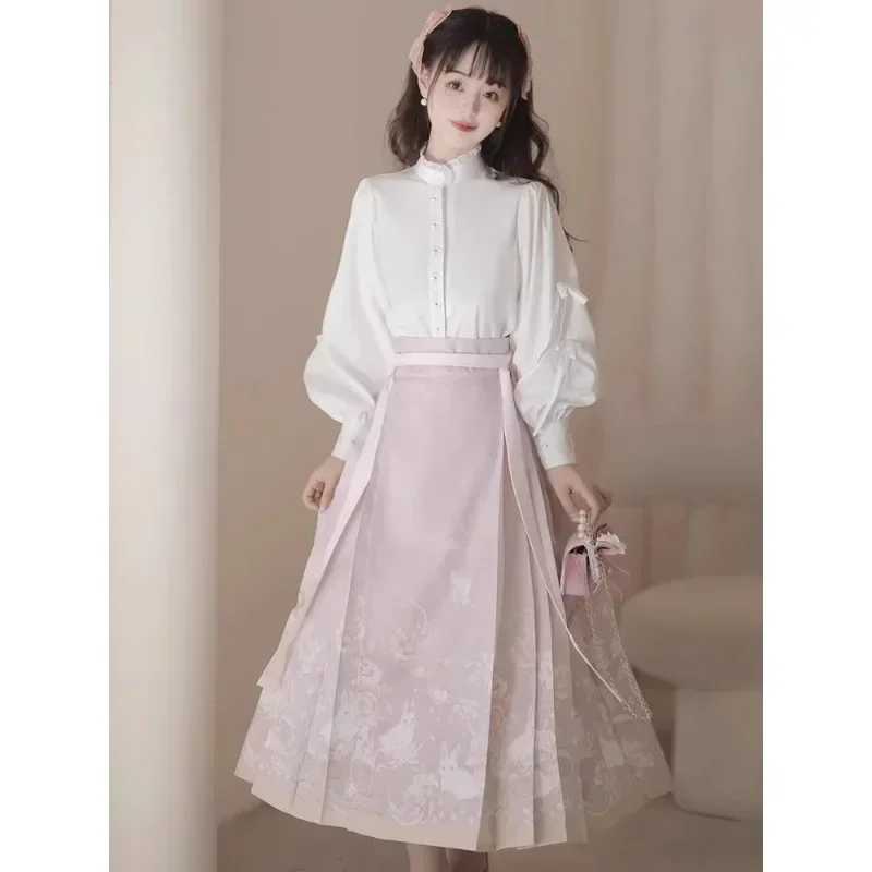 Autunno Ming Dynasty colletto in pizzo camicia a maniche lunghe coniglio stampato gonna a forma di cavallo donna migliorata abiti Hanfu in stile cinese