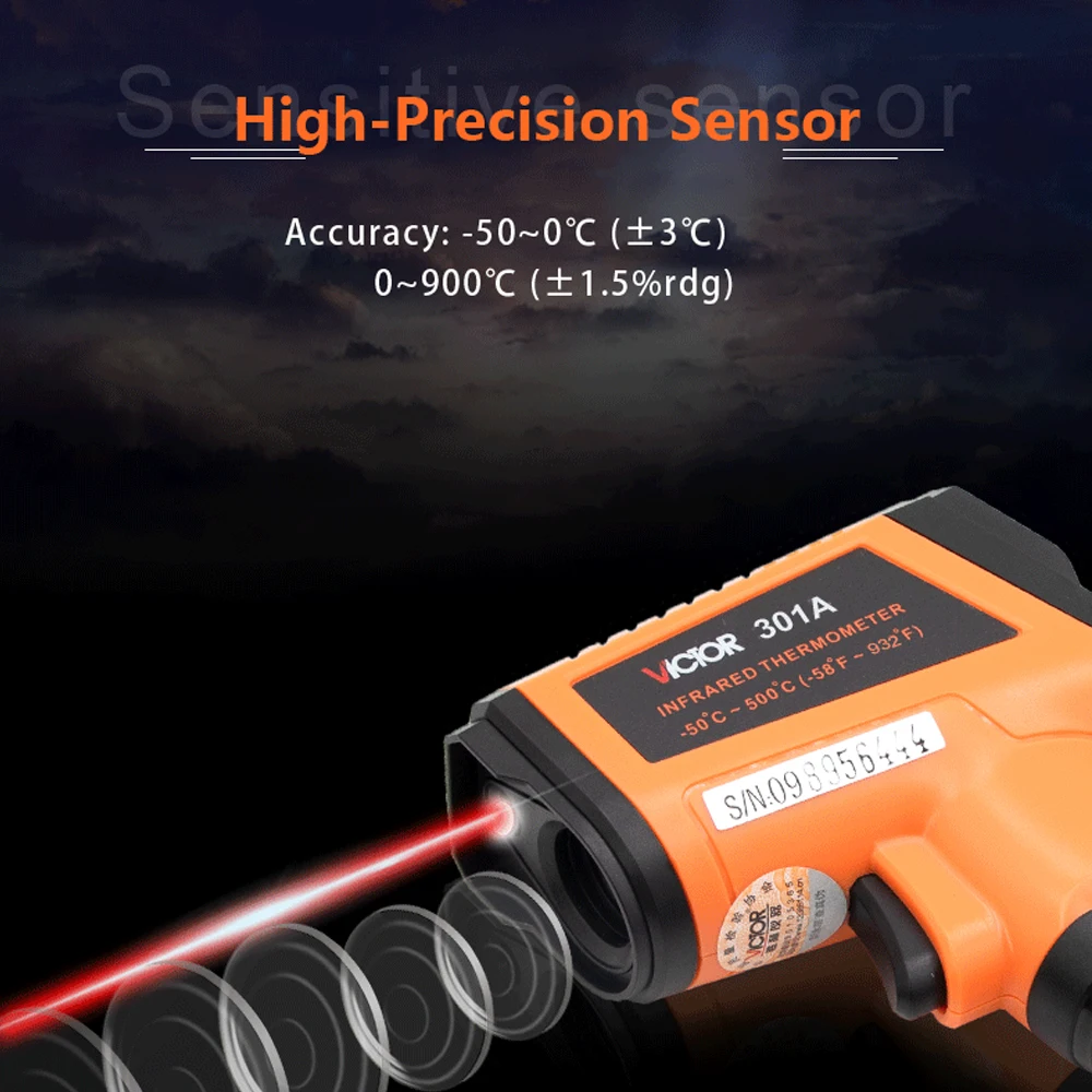 Victor 301A 301B 301C Series IR Thermometer Non-Contact Temperature Gun HD Color Screen 12:1 D:S RatioAdjustable Emissivity Tool