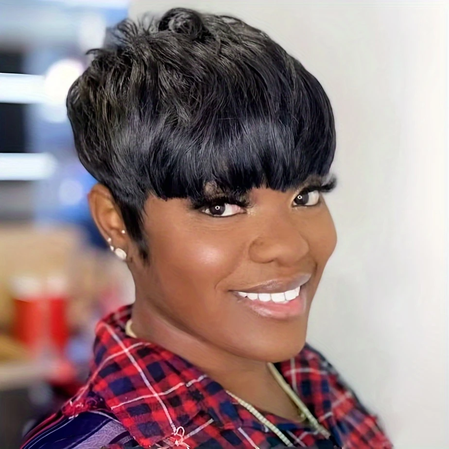 150% Density 6 Inch Pixie Cut Wig Short Straight Human Hair Wigs For Women Full Machine Made Wig