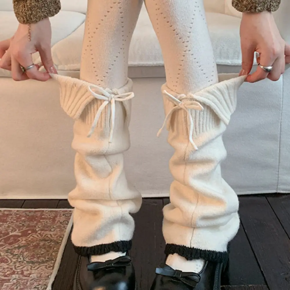 1 Pair Thick Knit Leg Warmer Bow Accent Ribbed Cuff Knit Leg Sleeve Stacked Fit Warm Slouch Leg Warmer