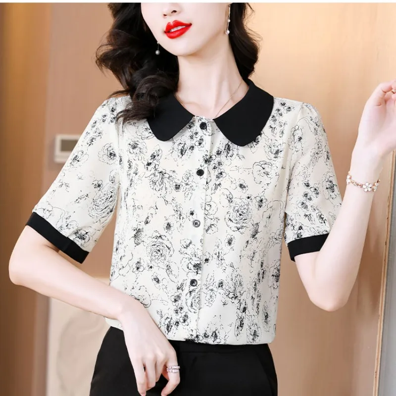 

Women's Summer Fashion Versatile New Printed Doll Neck Spliced Elegant Short Sleeve Loose Single Row Multi Button Shirt Tops