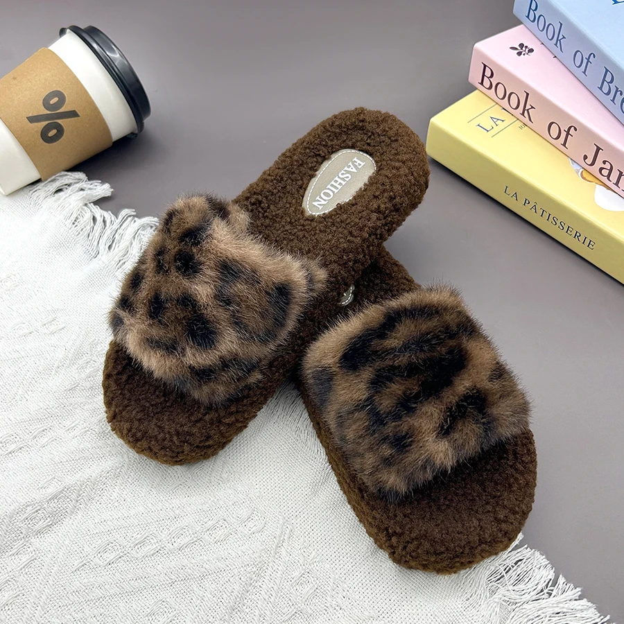 AYANA Leopard Print Slippers With Fur Plush House Slippers Flat Sandals For Women Fuzzy Open Toe Slippers Anti Skip