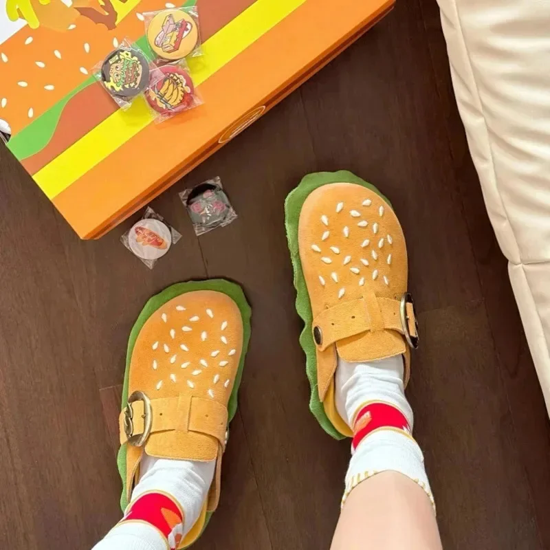 Trendy Creative Cartoon Burger Design Genuine Leather Bocken Shoes 2024 New Thick Soled Soft Convenient Casual Lazy Slippers