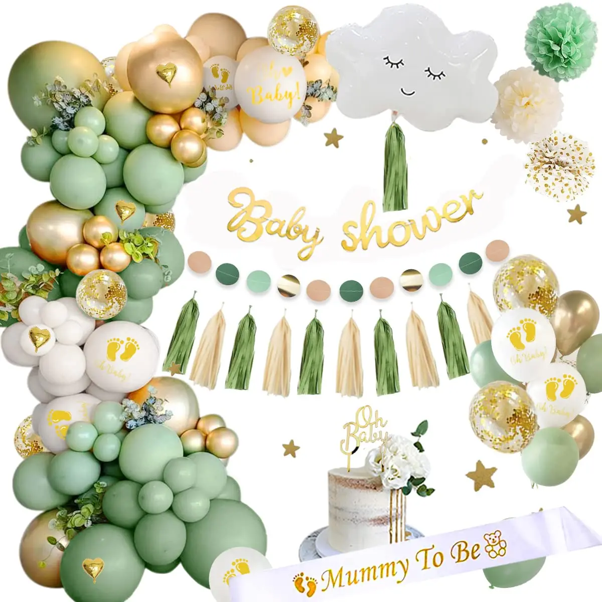 

Baby Shower Decorations for Boy Girl Gender Reveal Party Supplies Mummy to be Sash Paper Pom Poms Sage Green Balloon Arch