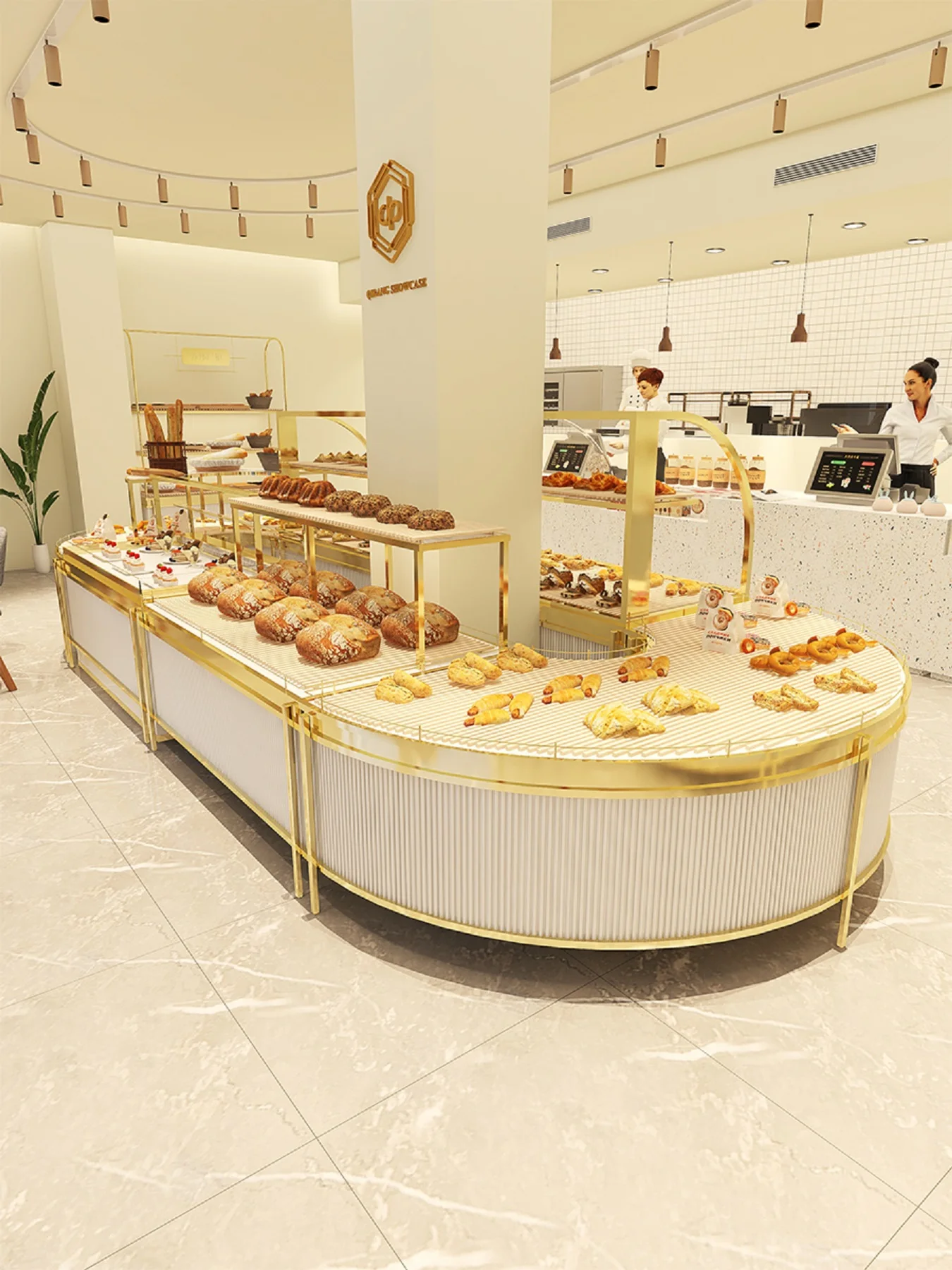 Bread display center island cabinet Circular cake cabinet commercial curved glass titanium plated pastry display counter