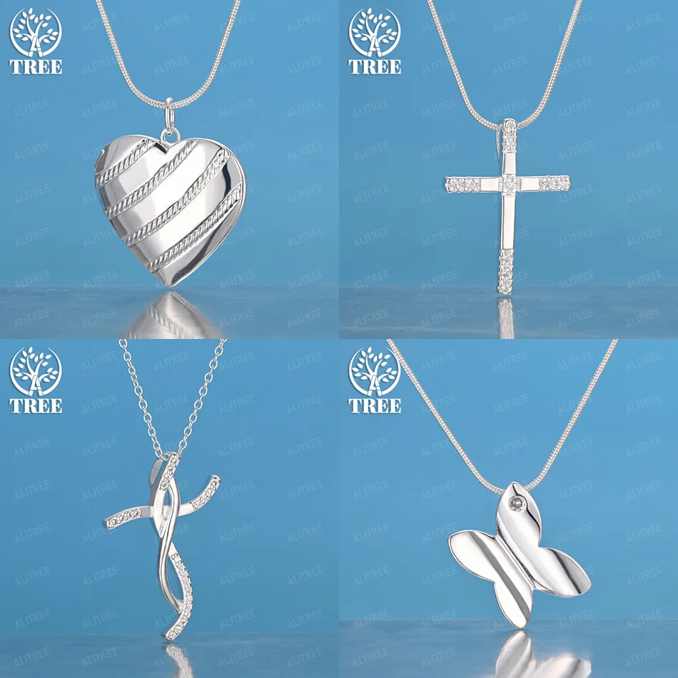 

925 Sterling Silver Heart Shape Butterfly AAA Zircon Cross Pendant Necklace 16-30 Inch Women's Wedding Party Birthday Jewelry