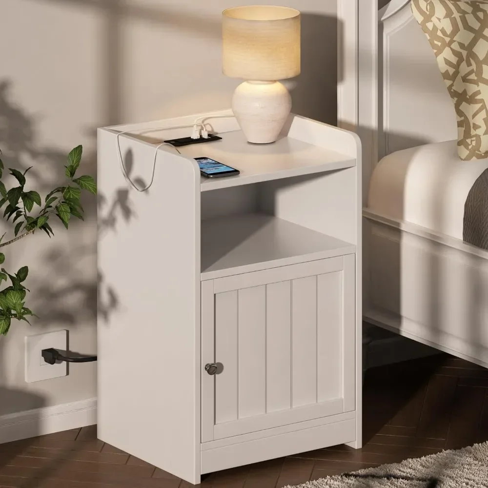 

Nightstand with Charging Station, Nightstands with Cabinet and Open Storage, 2 AC and USB Power Outlets, Nightstand