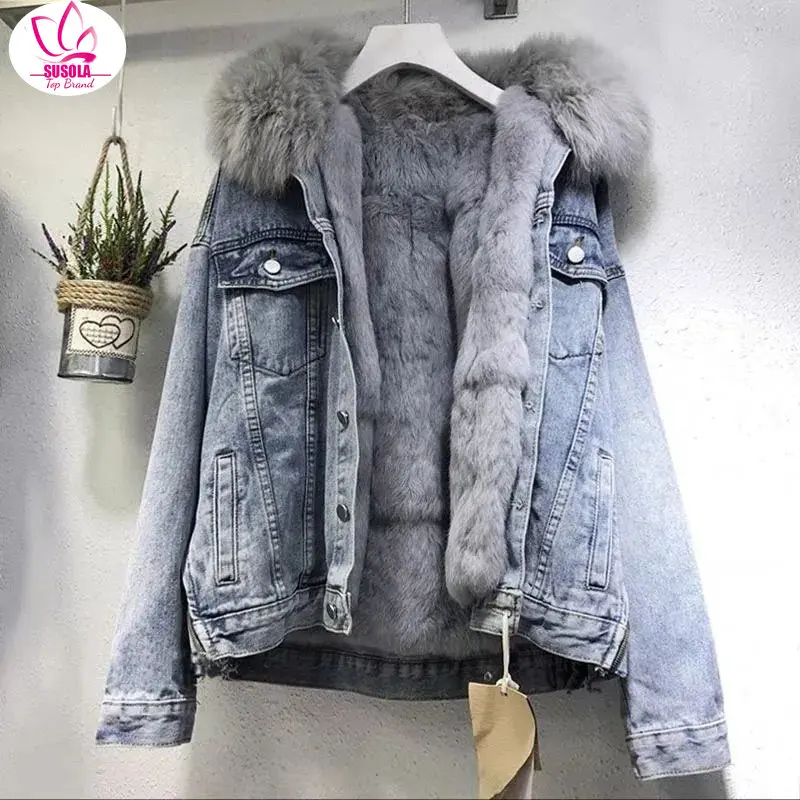 Lady New Big Fur Collar Denim Jacket Women Winter Warm Basic Coat Female Cold Motorcycle Outerwear Fleece Thick Padded Overcoat