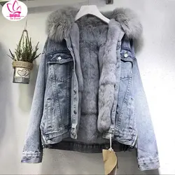 Lady New Big Fur Collar Denim Jacket Women Winter Warm Basic Coat Female Cold Motorcycle Outerwear Fleece Thick Padded Overcoat