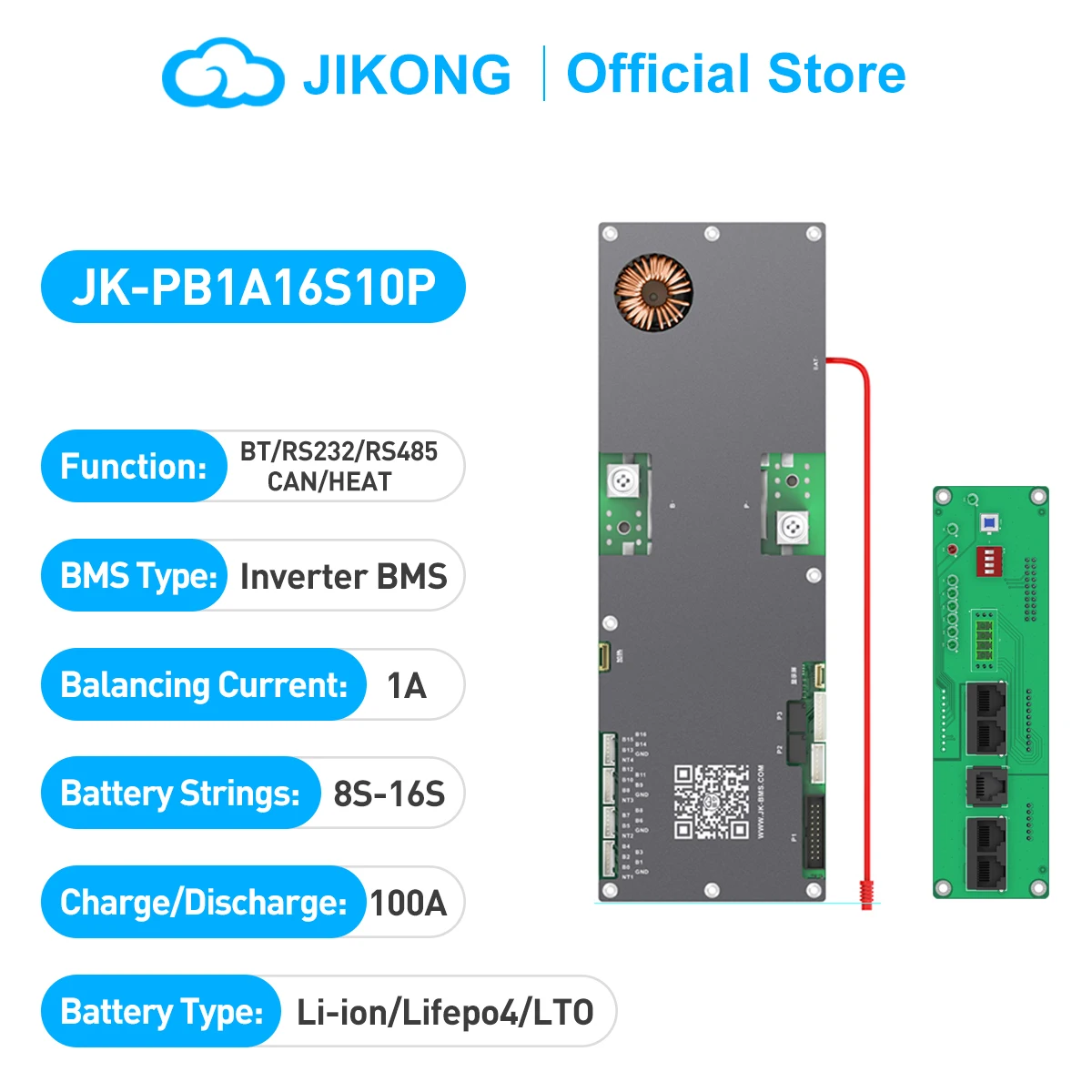 JIKONG BMS JK-PB1A16S10P 8S/16S 24V 48V LiFePo4 batteria agli ioni di litio 100A energia domestica BMS a Inverter bilanciatore attivo 1A 2A