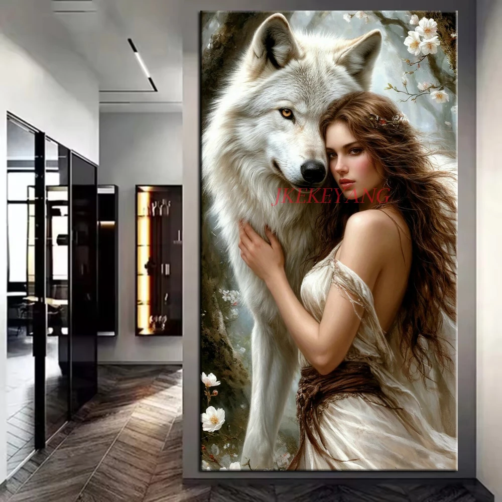 Beautiful Woman and White Wolf Picture DIY Diamond Painting Cross Stitch Full Drills Diamond Mosaic New Collection Home Decor