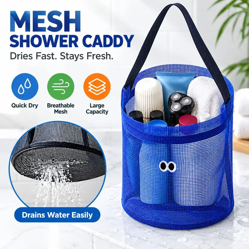 Foldable Shell Collecting Bag Carry Strap Embroidered Eyes Beach Toy Tote Mesh Structure Round Base Mesh Beach Bucket Bag Kids