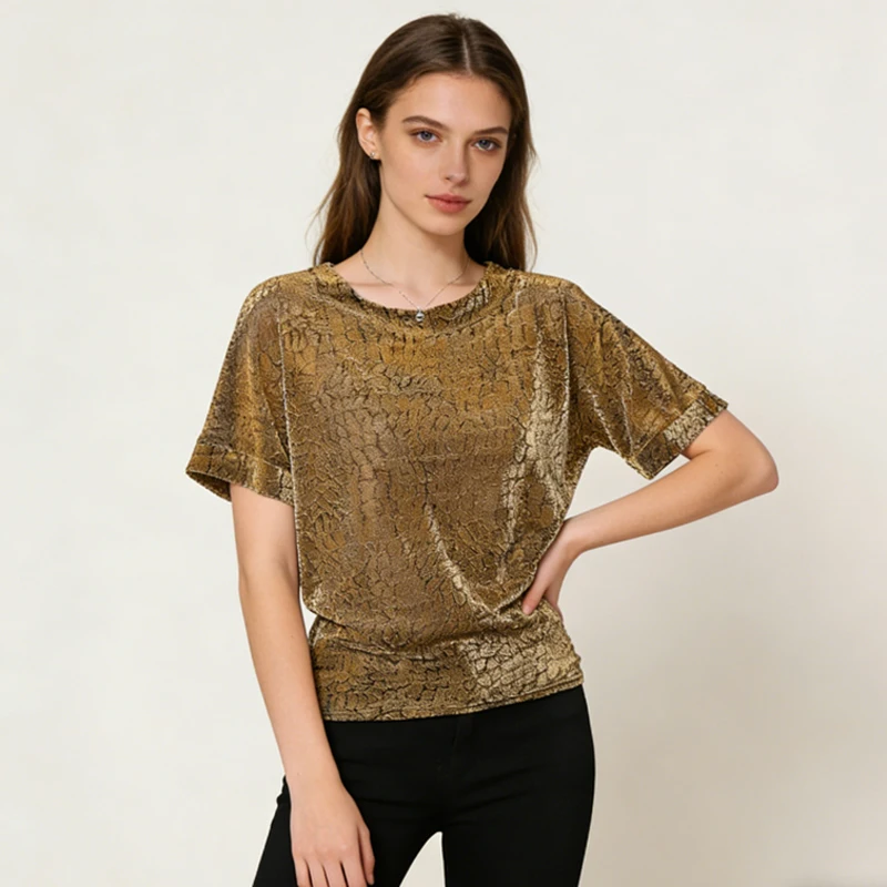 

Vintage Women's Glitter Crackle Print Top Round Neck Short Sleeve Shiny Loose Fit Casual Blouse Summer Gold Simple Shirt