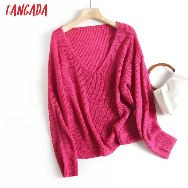 Tangada 2023 Autumn Women Pink Oversized Knitted Sweater Jumper V Neck Female Pullovers 4C329