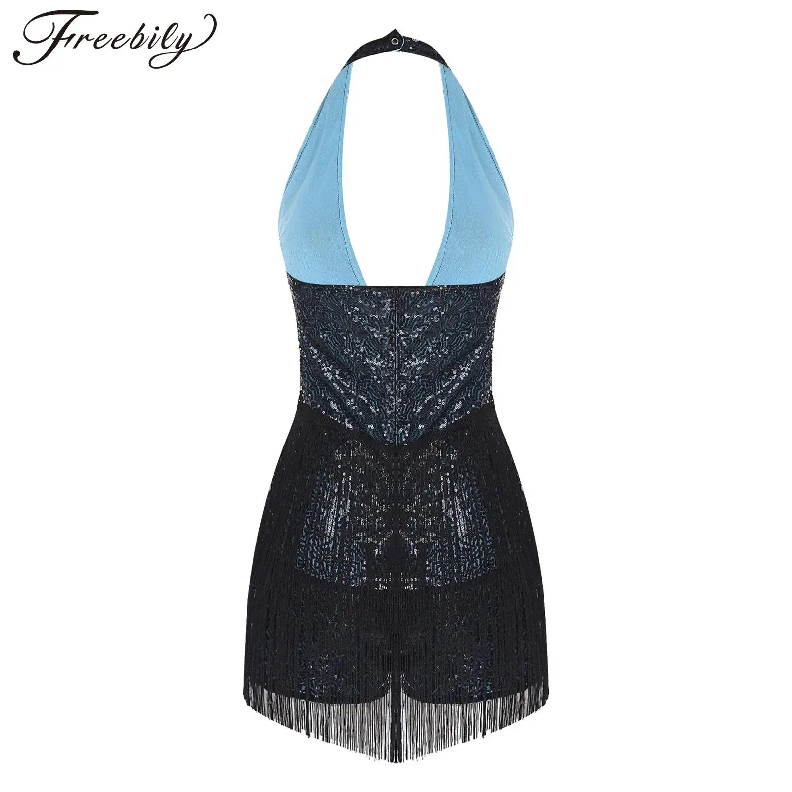 

Женский комбинезон с бахромой и пайетками для латиноамериканских танцев, блестящий боди с глубоким V-образным вырезом, джемпер с бахромой для дискотек и клубов