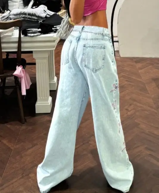 2025 Summer Thin Women's Jeans New Early Autumn Embroidered Bow Wide Leg Pants