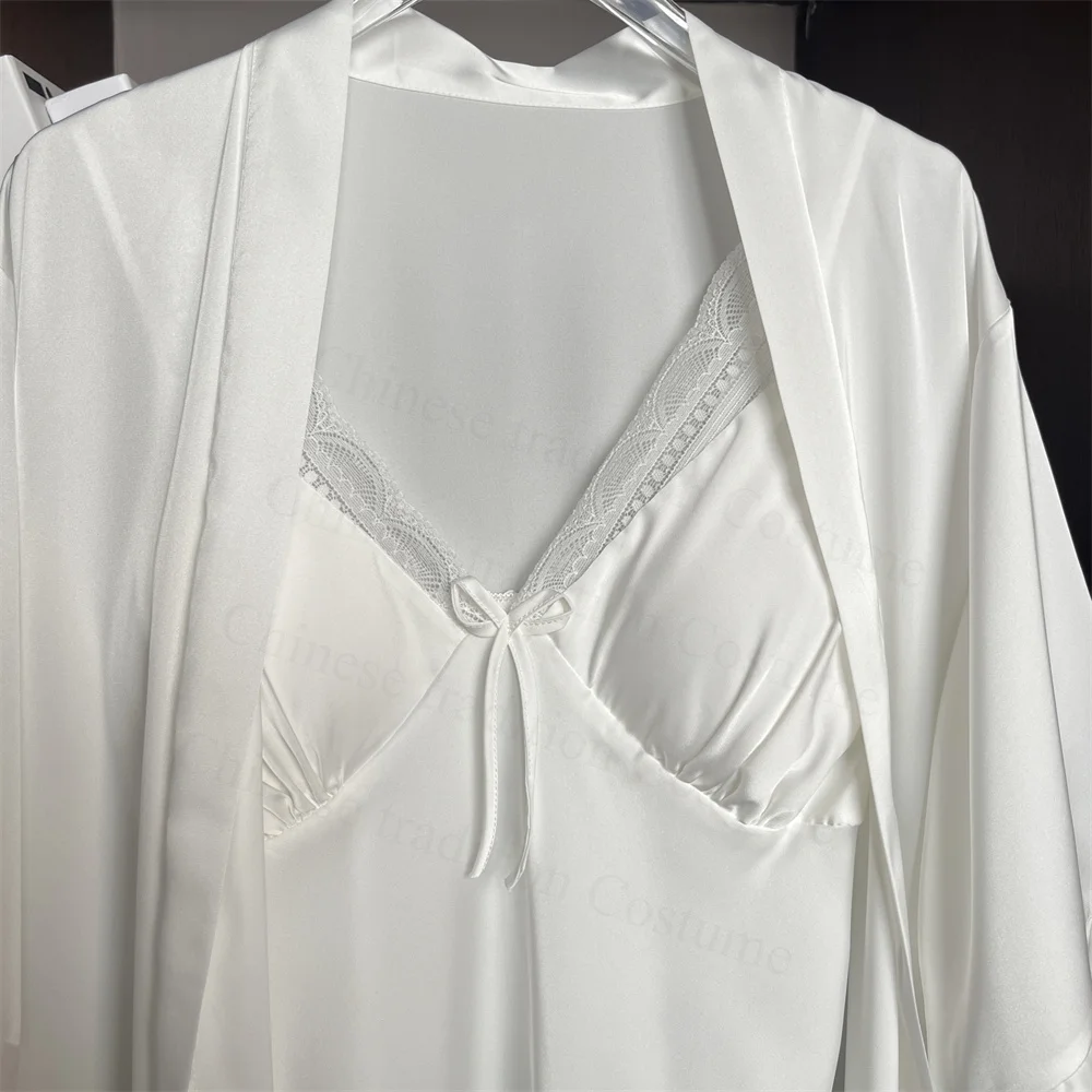 

Sexy Lace Trim Bow Sling Nighty&robe Suit Bride Wedding Dress Set Women Elegant Nightgown Spring Autumn New Kimono Bathrobe