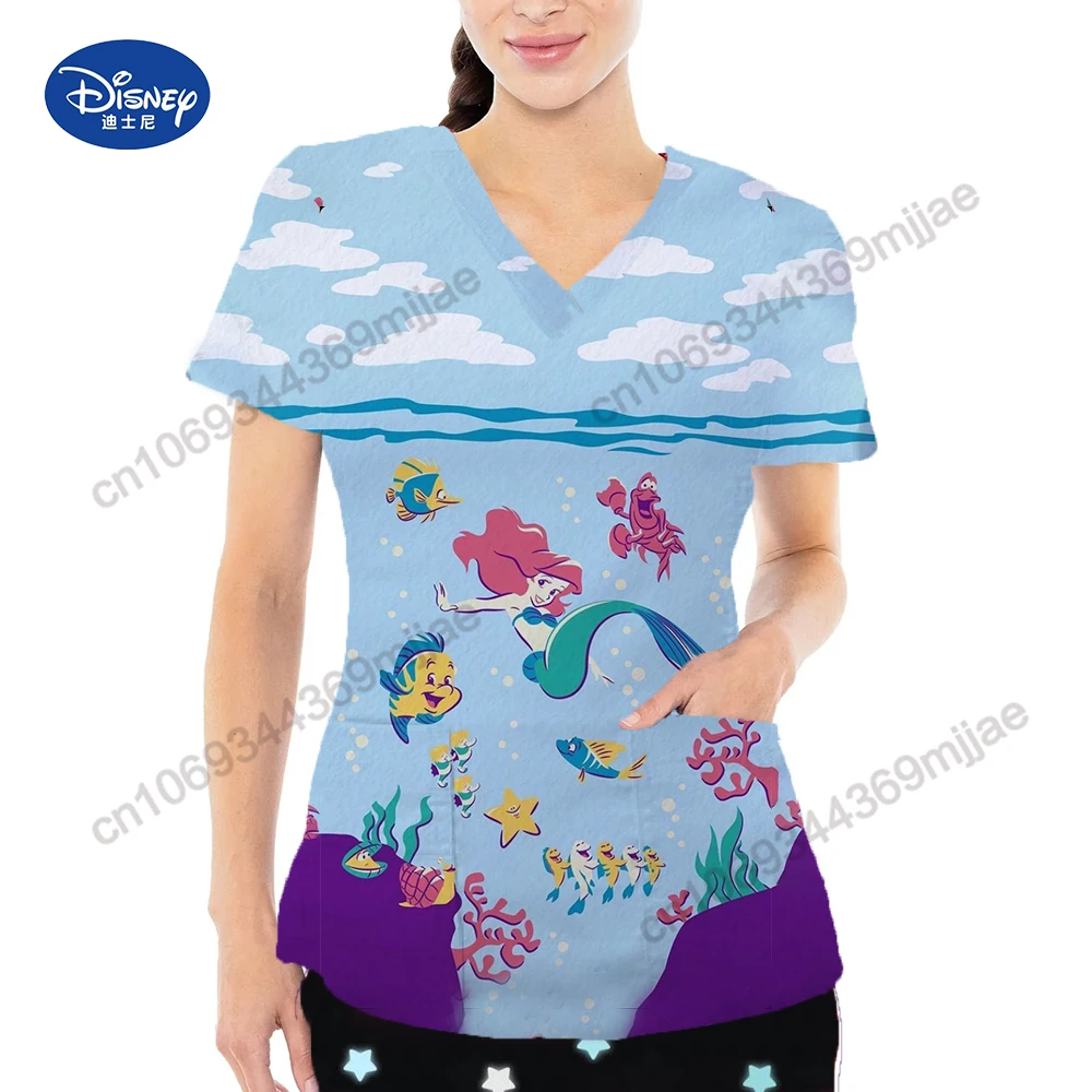 Disney Cartoon Pattern Women\'s T-Shirt V-neck Design Style T-shirts 2024 New Fashion Women Clothing Double Pocket Cute Clothes